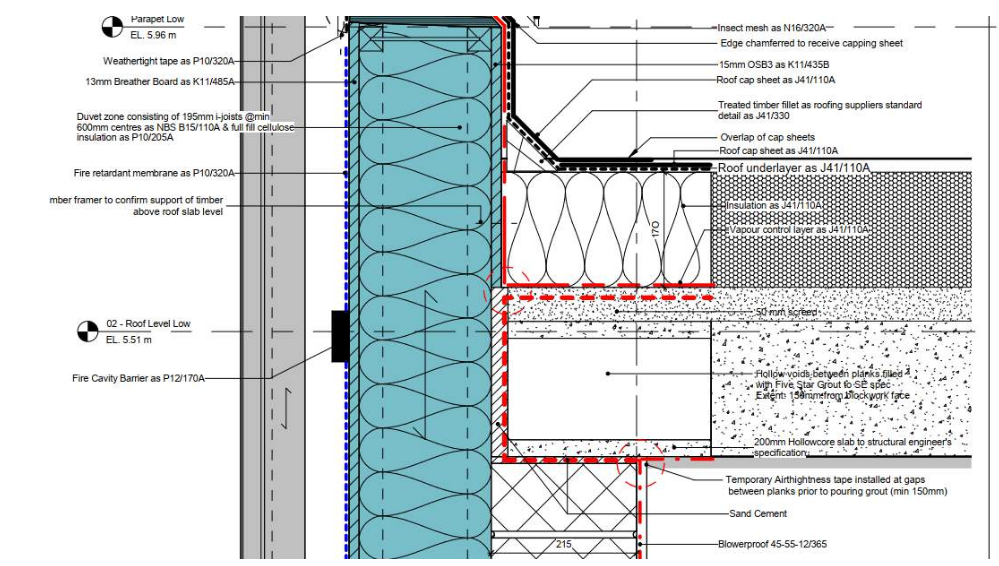 Example section drawing of a wall to roof connection, pre cast roof slab. Image credit: Passivhaus Trust_Good Practice Guide to Airtightness v10.3
