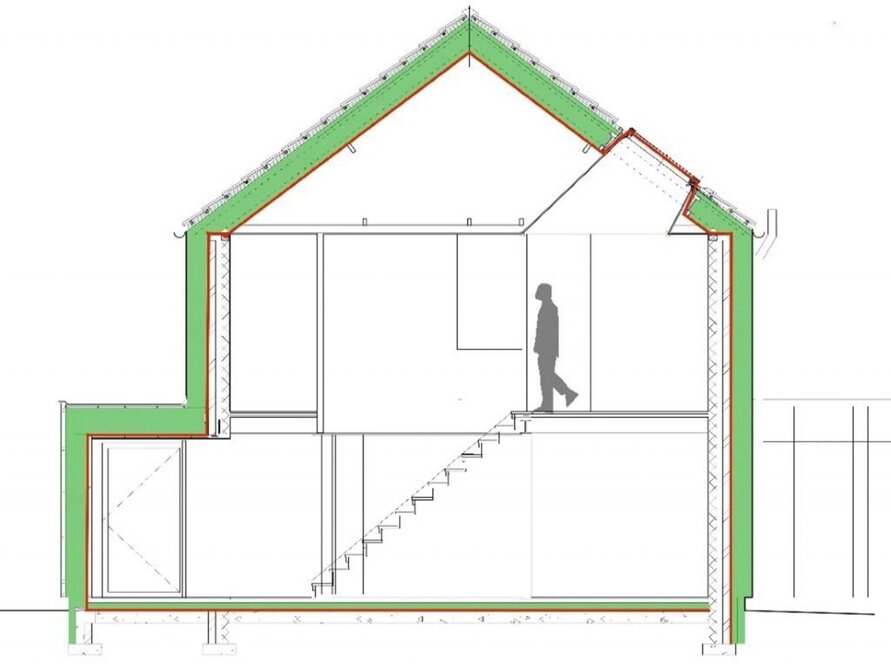 Section showing a simple building envelope with the air barrier plane clearly illustrated in red.