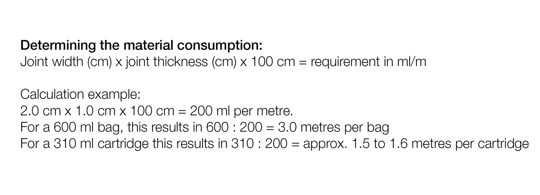 Listing and calculation example Determination of material consumption